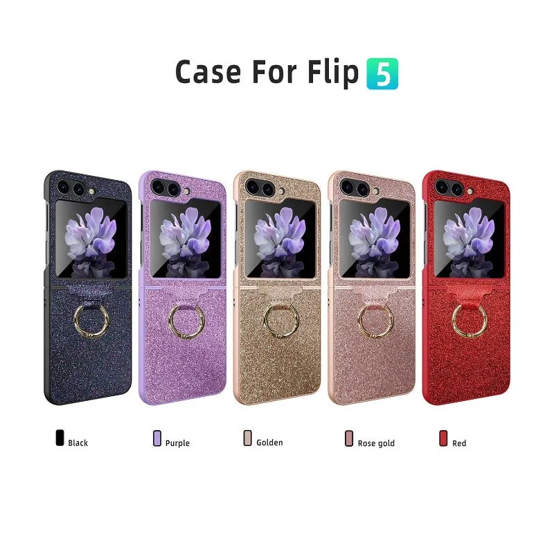 Luxury Colorful Shiny Glitter Ring Bracket With Tempered Film Shockproof Hard Phone Case For Samsung Galaxy Z Flip 5