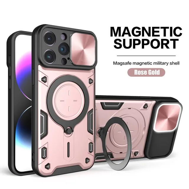 Magnetic Sliding Phone Case With 360 Rotate Kickstand For iPhone