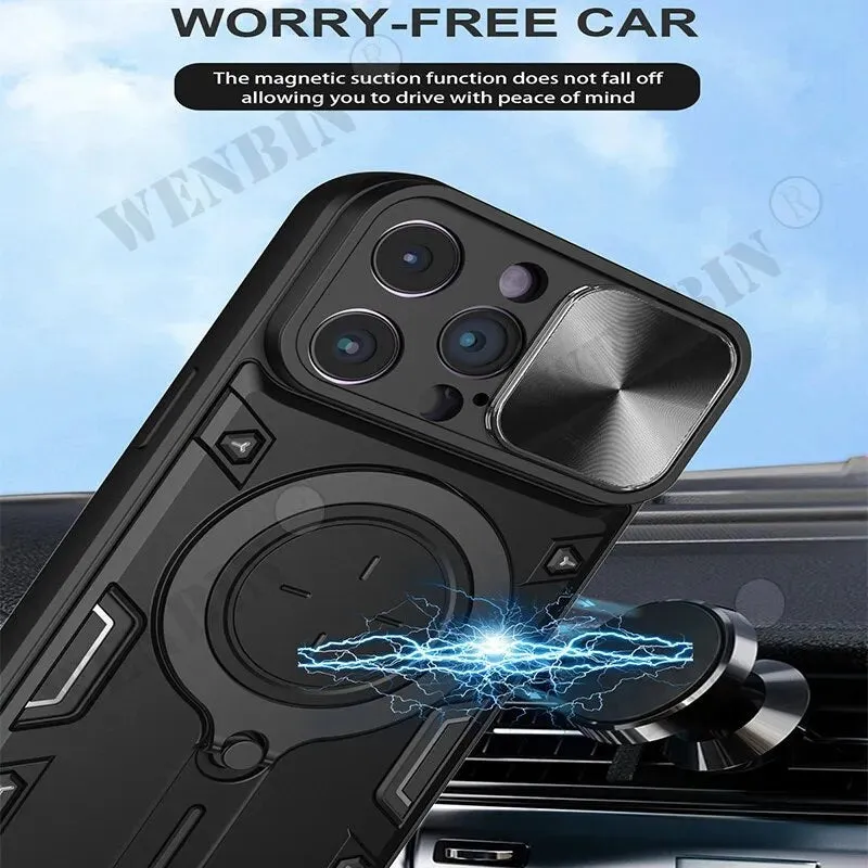 Magnetic Sliding Phone Case With 360 Rotate Kickstand For iPhone