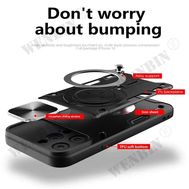 Magnetic Sliding Phone Case With 360 Rotate Kickstand For iPhone
