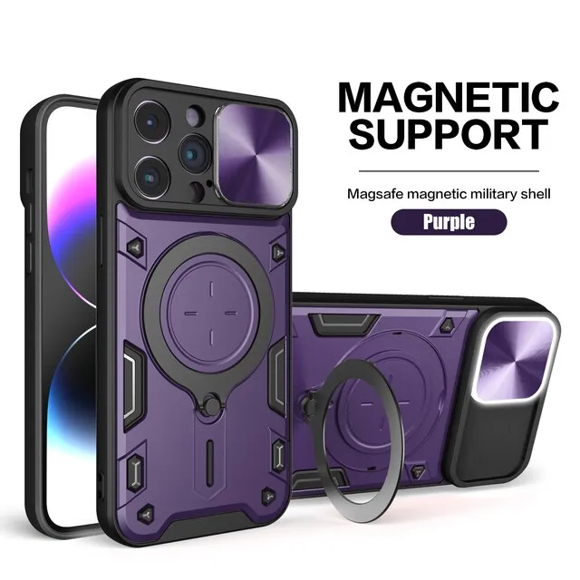 Magnetic Sliding Phone Case With 360 Rotate Kickstand For iPhone