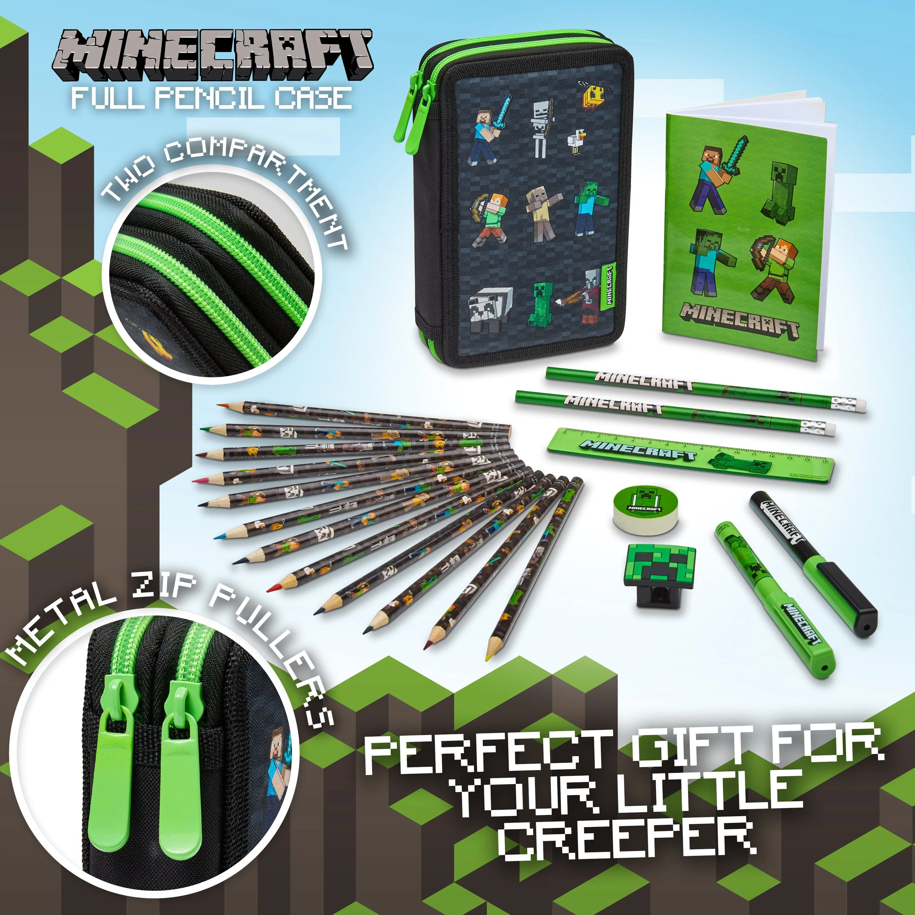 Minecraft Children's Pencil Case with 2 Compartments and School Supplies