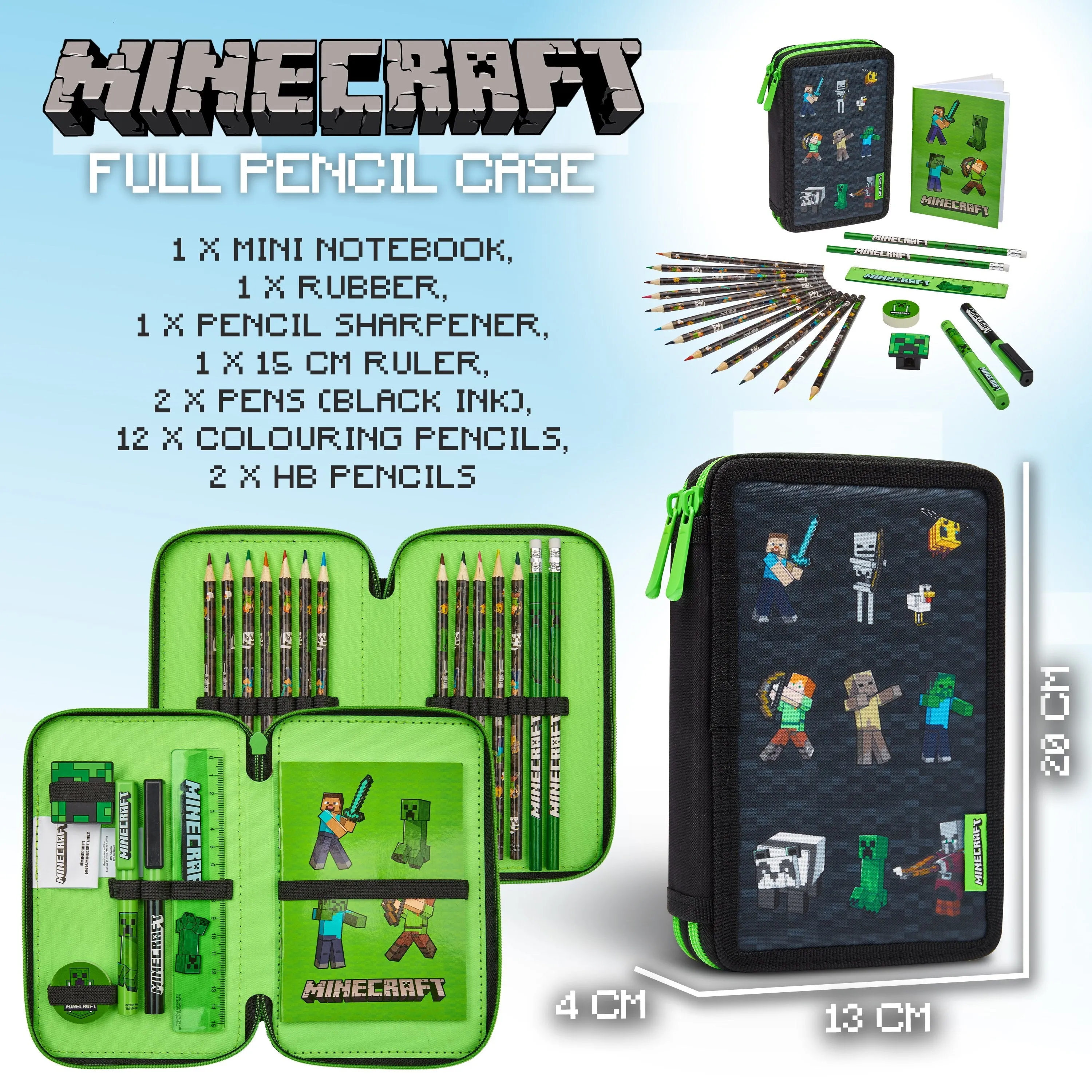 Minecraft Children's Pencil Case with 2 Compartments and School Supplies