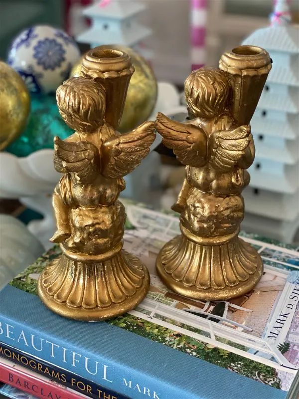 Pair Vintage Gilded gold angel candleholders