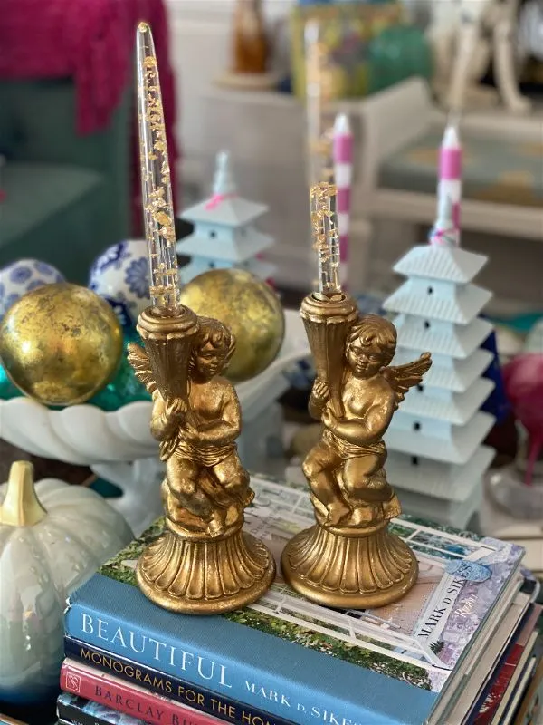Pair Vintage Gilded gold angel candleholders
