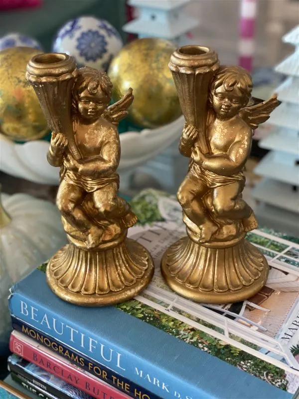 Pair Vintage Gilded gold angel candleholders