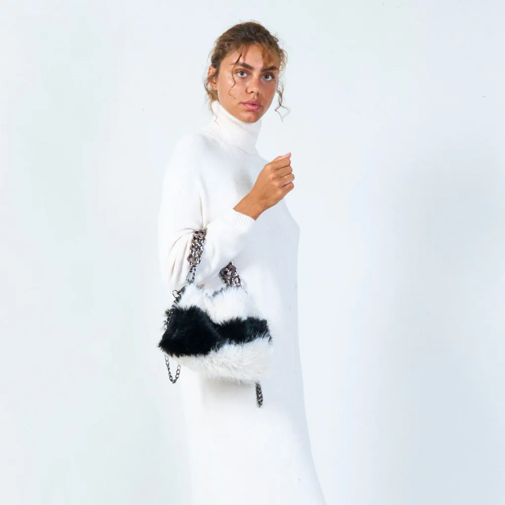 Patterned faux fur clutch with chain strap wholesale