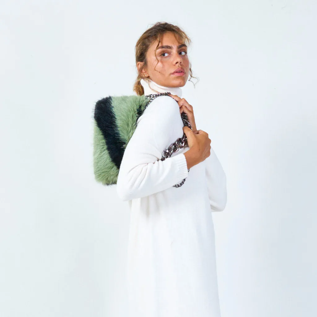 Patterned faux fur clutch with chain strap wholesale