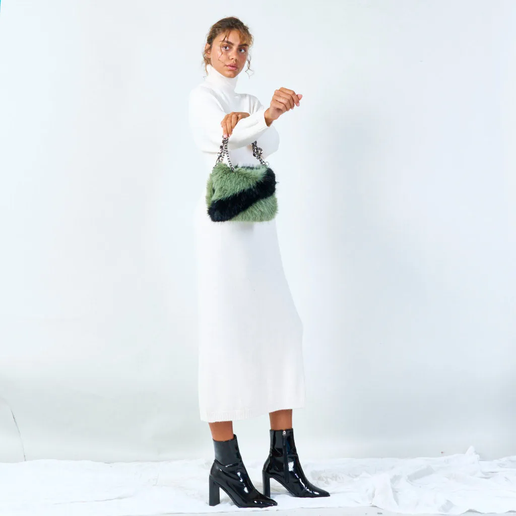 Patterned faux fur clutch with chain strap wholesale