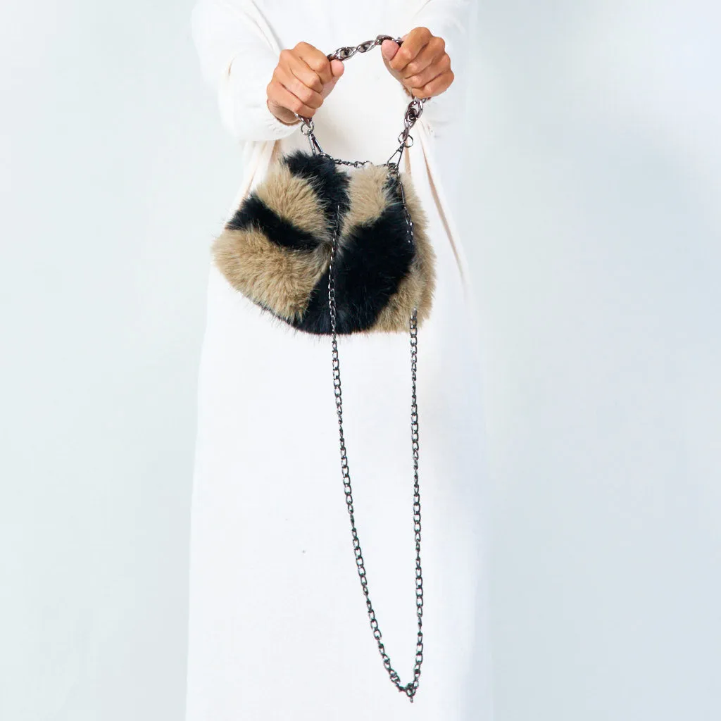 Patterned faux fur clutch with chain strap wholesale