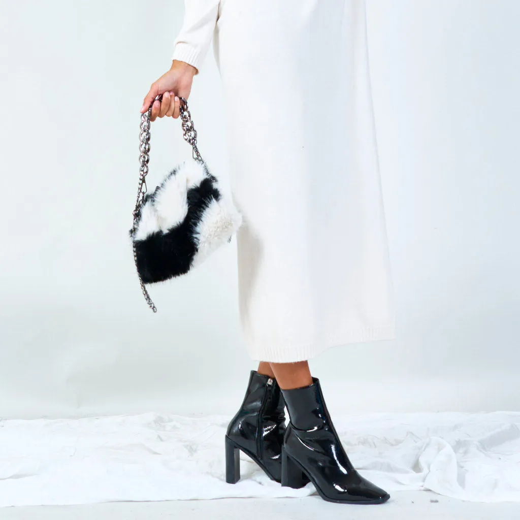 Patterned faux fur clutch with chain strap wholesale
