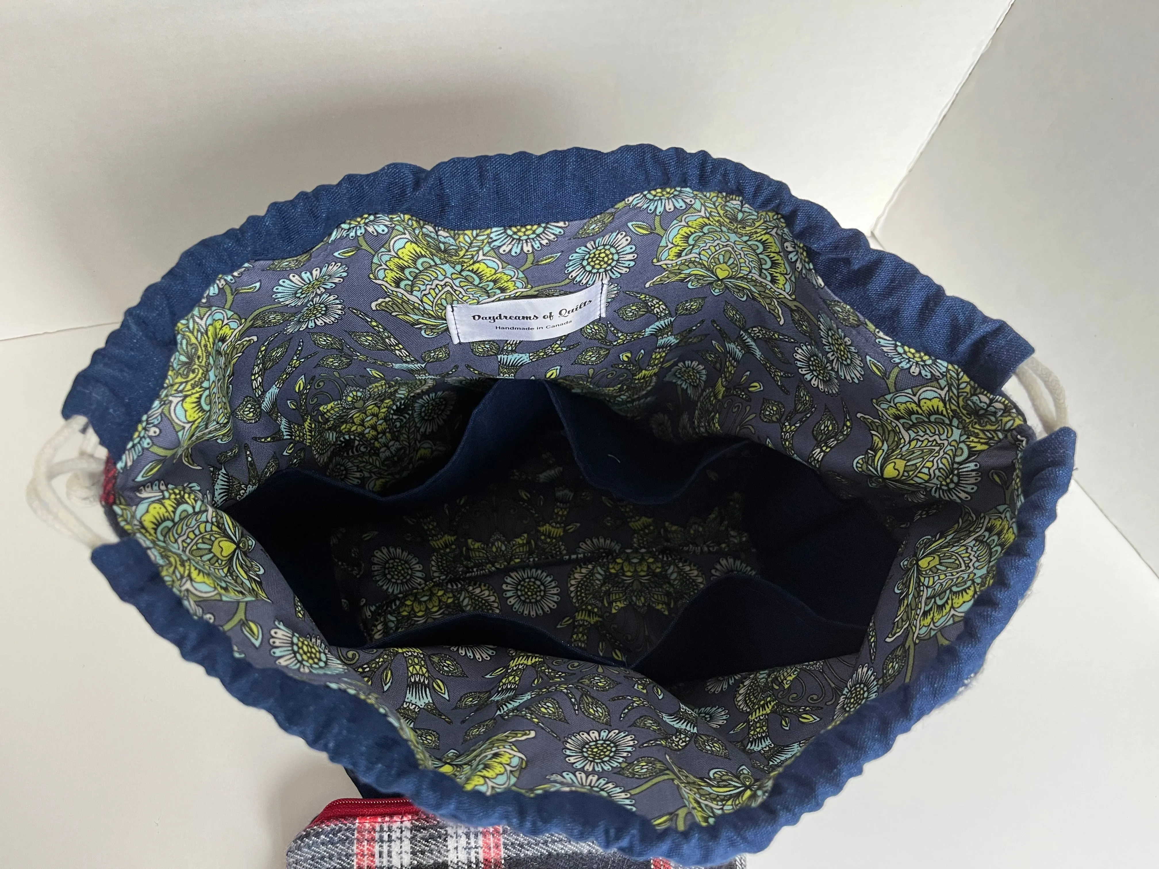 Plaid Flannel Small Knitting Bag, Fall Project Bag, Finch Bucket Bag