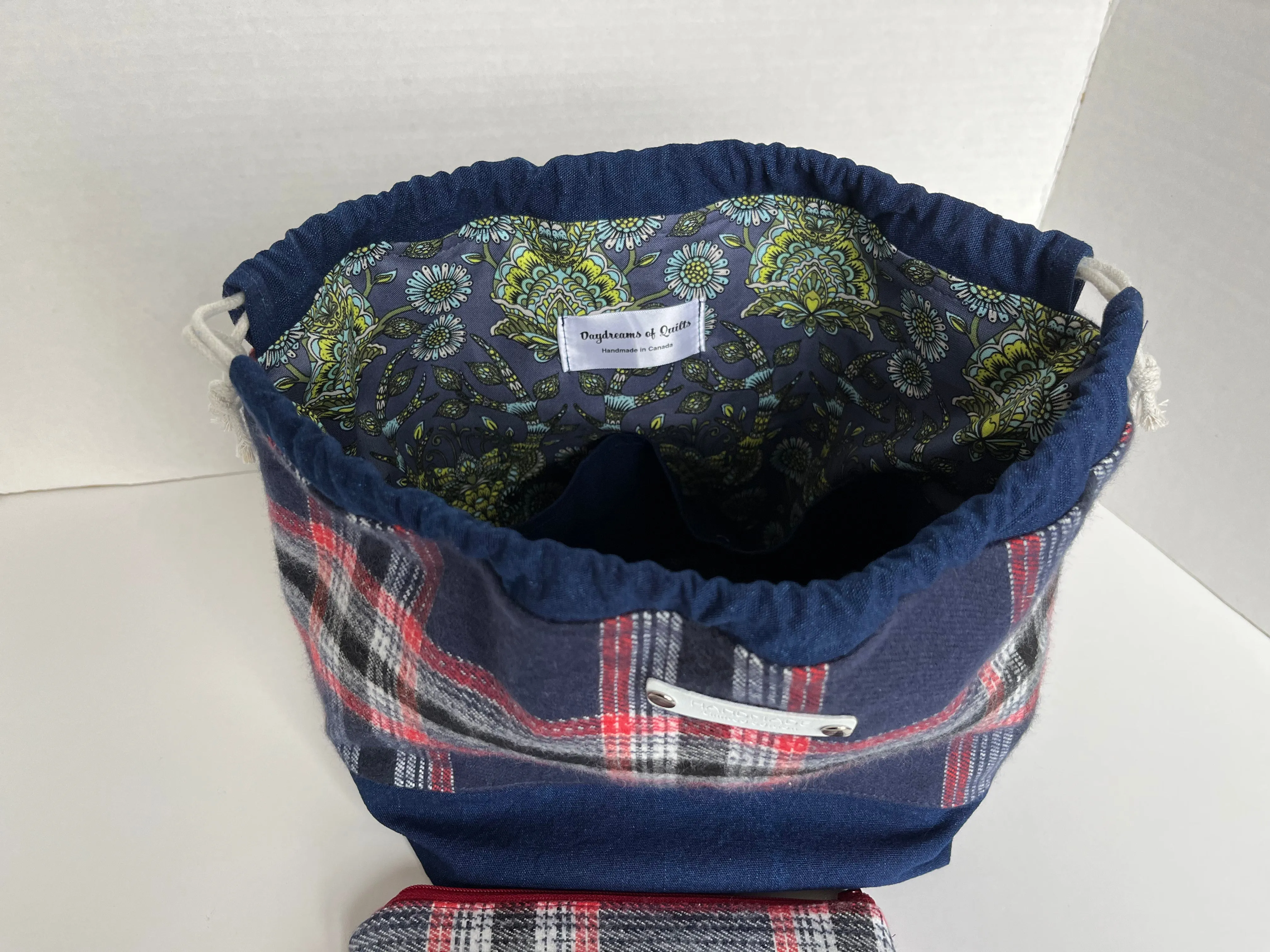 Plaid Flannel Small Knitting Bag, Fall Project Bag, Finch Bucket Bag