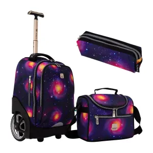 Purple Planet Big Wheel School Bag Trolley Set of 3 (Lunch Bag & Pencil Case)