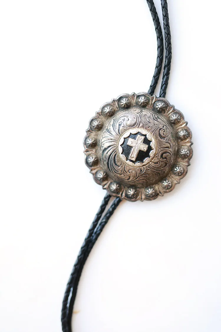 Scalloped Cross Medallion Bolo Tie