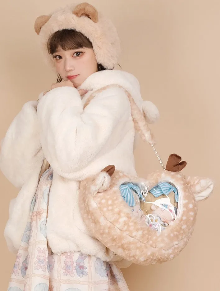 Soft Plush Deer Fawn Heart Shoulder Messenger Bag