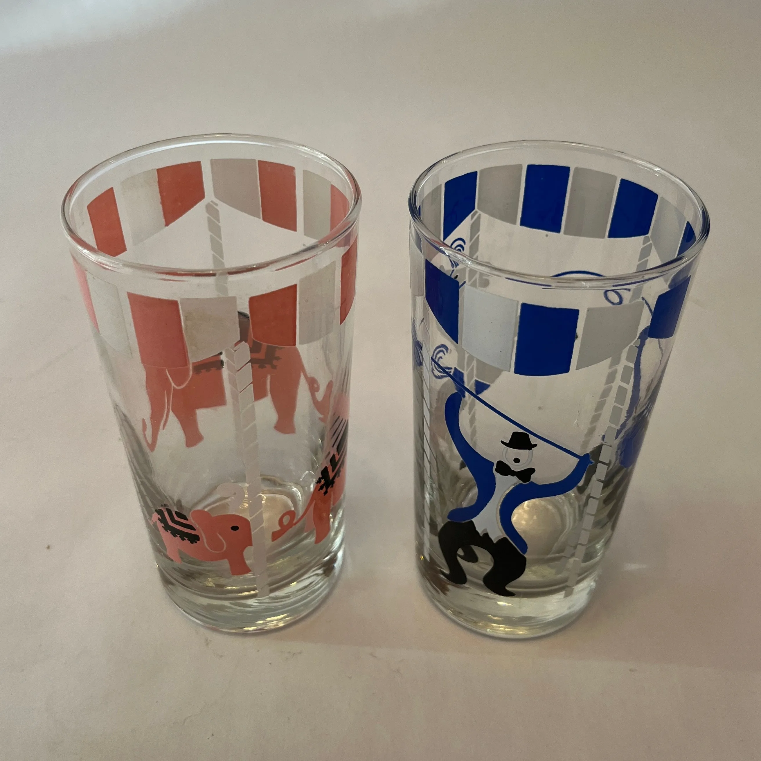 Tall Circus-Themed Vintage Glasses, Set of 6
