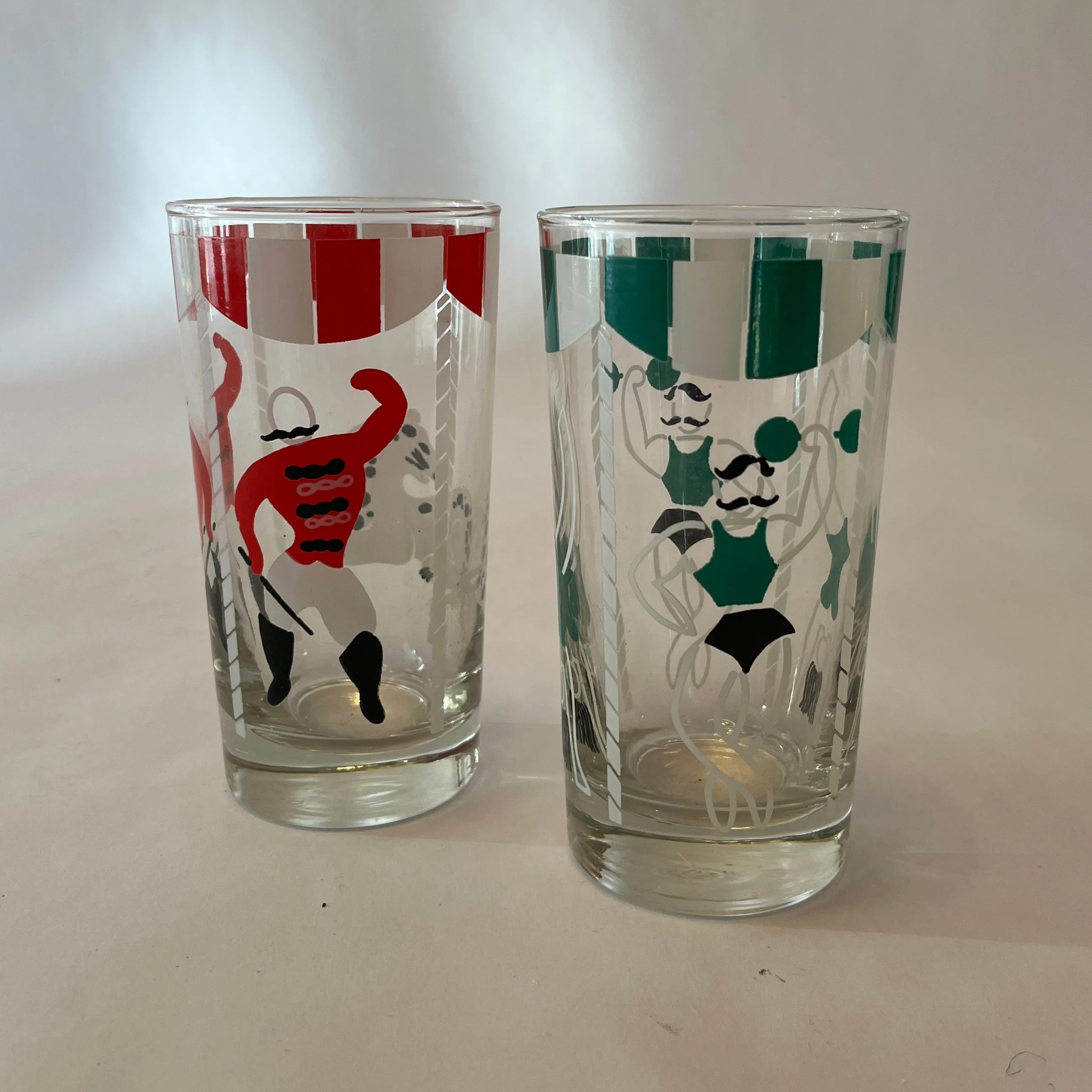 Tall Circus-Themed Vintage Glasses, Set of 6