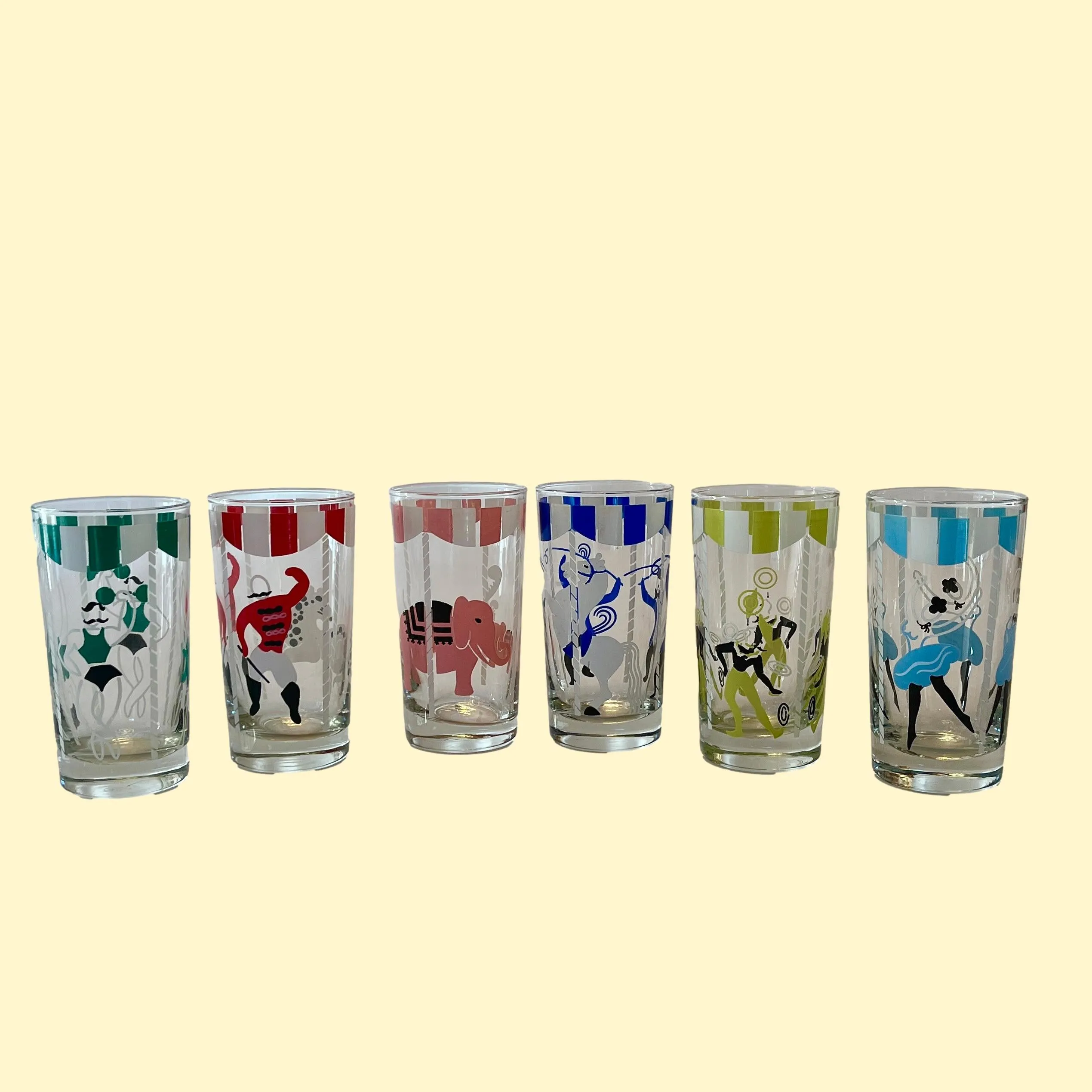 Tall Circus-Themed Vintage Glasses, Set of 6