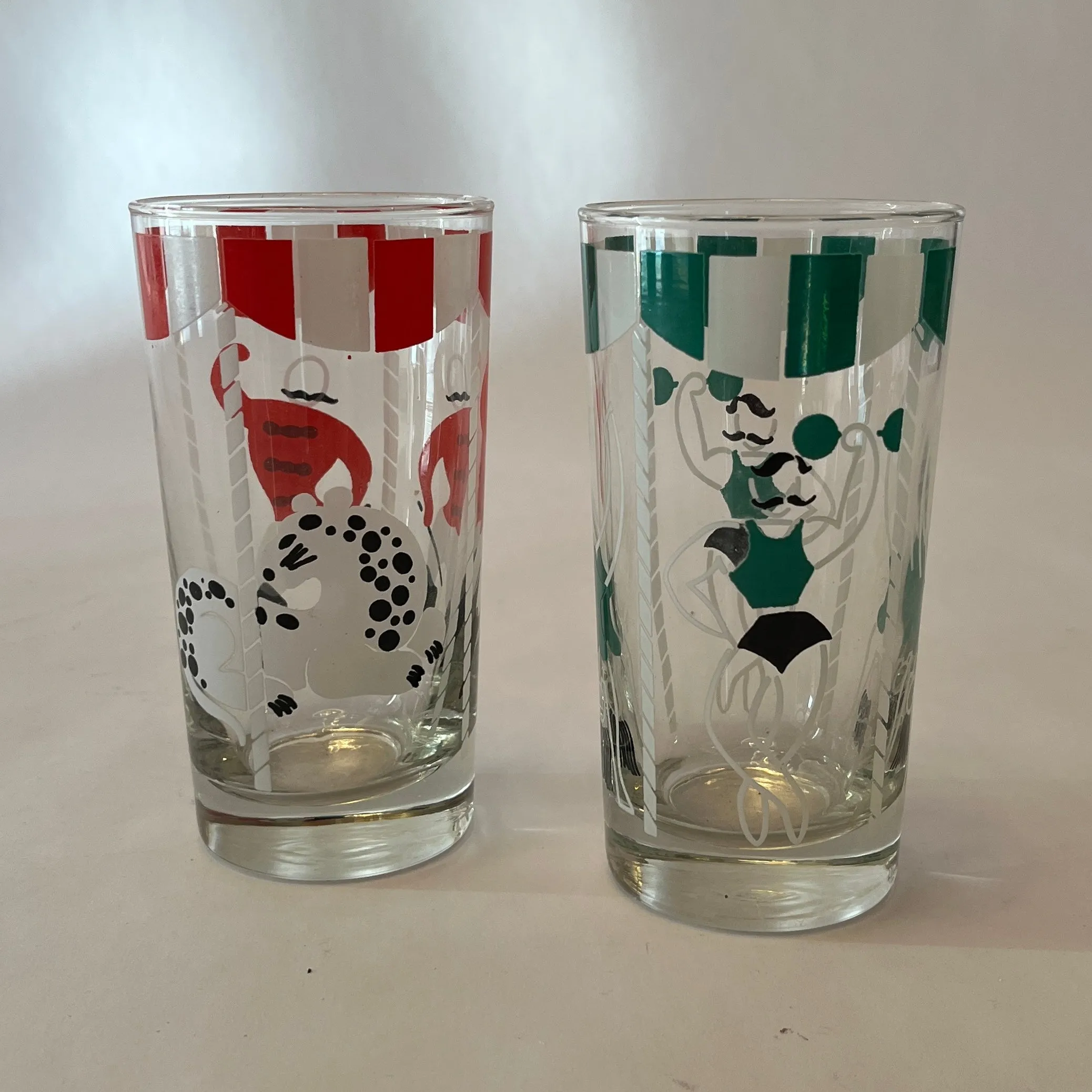 Tall Circus-Themed Vintage Glasses, Set of 6