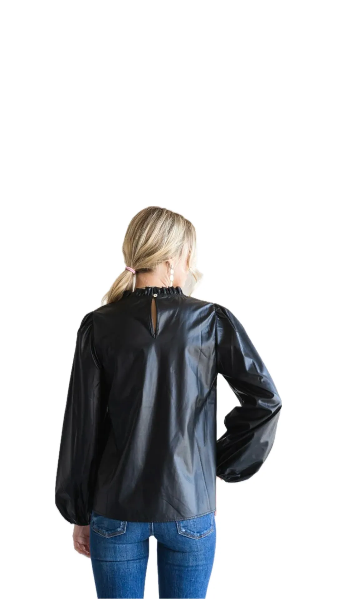 Vegan Leather Frilled Neck Top