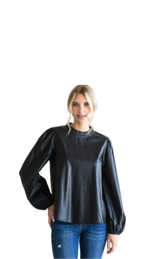 Vegan Leather Frilled Neck Top