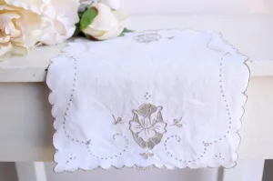 Vintage 1930s Linen Placemat or Doily, Beige With Embroidery