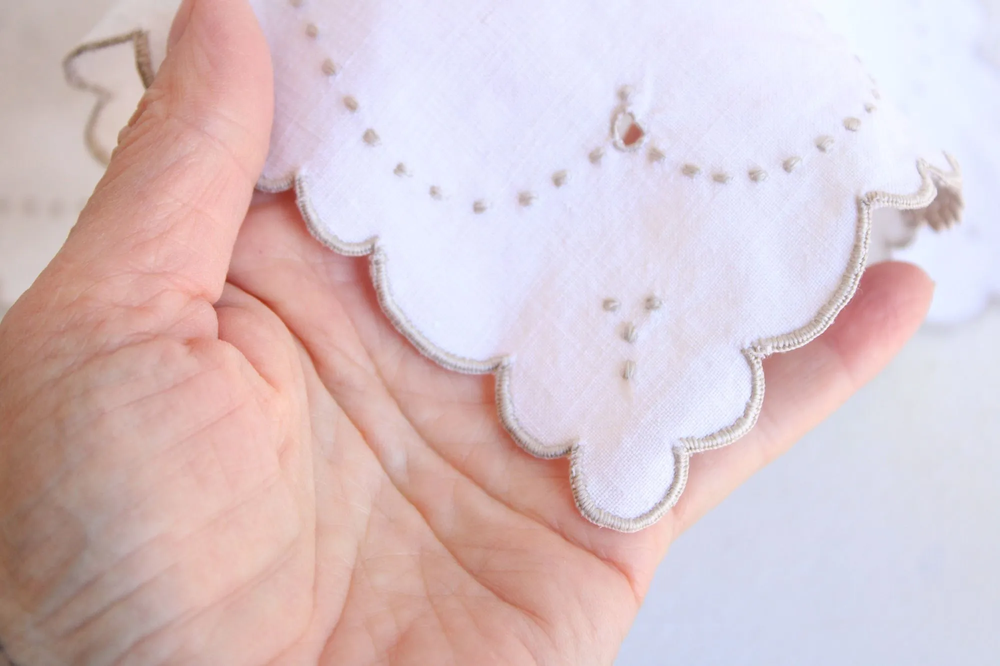 Vintage 1930s Linen Placemat or Doily, Beige With Embroidery