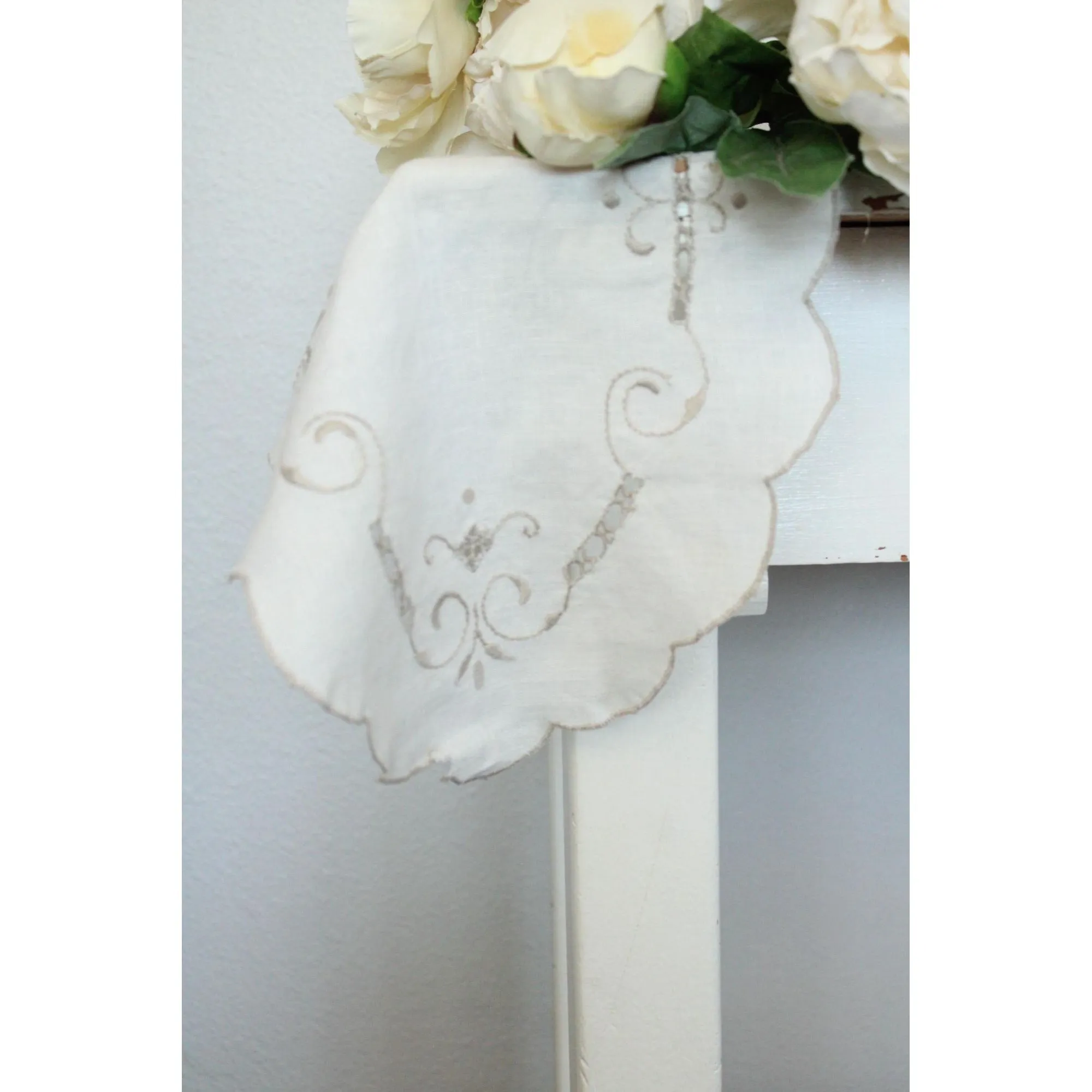 Vintage 1940s Off White Linen Doily With Brown Embroidery