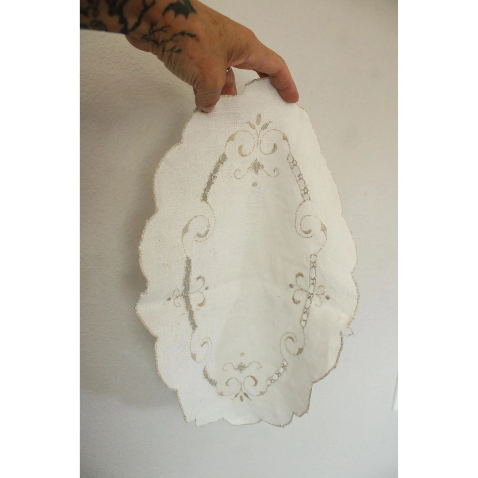 Vintage 1940s Off White Linen Doily With Brown Embroidery