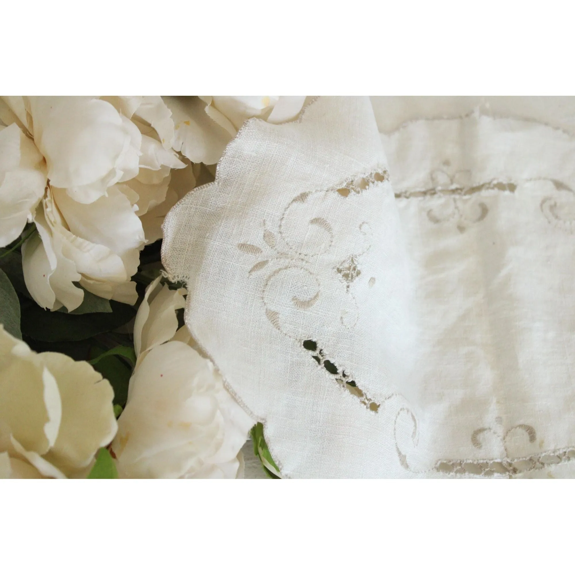 Vintage 1940s Off White Linen Doily With Brown Embroidery