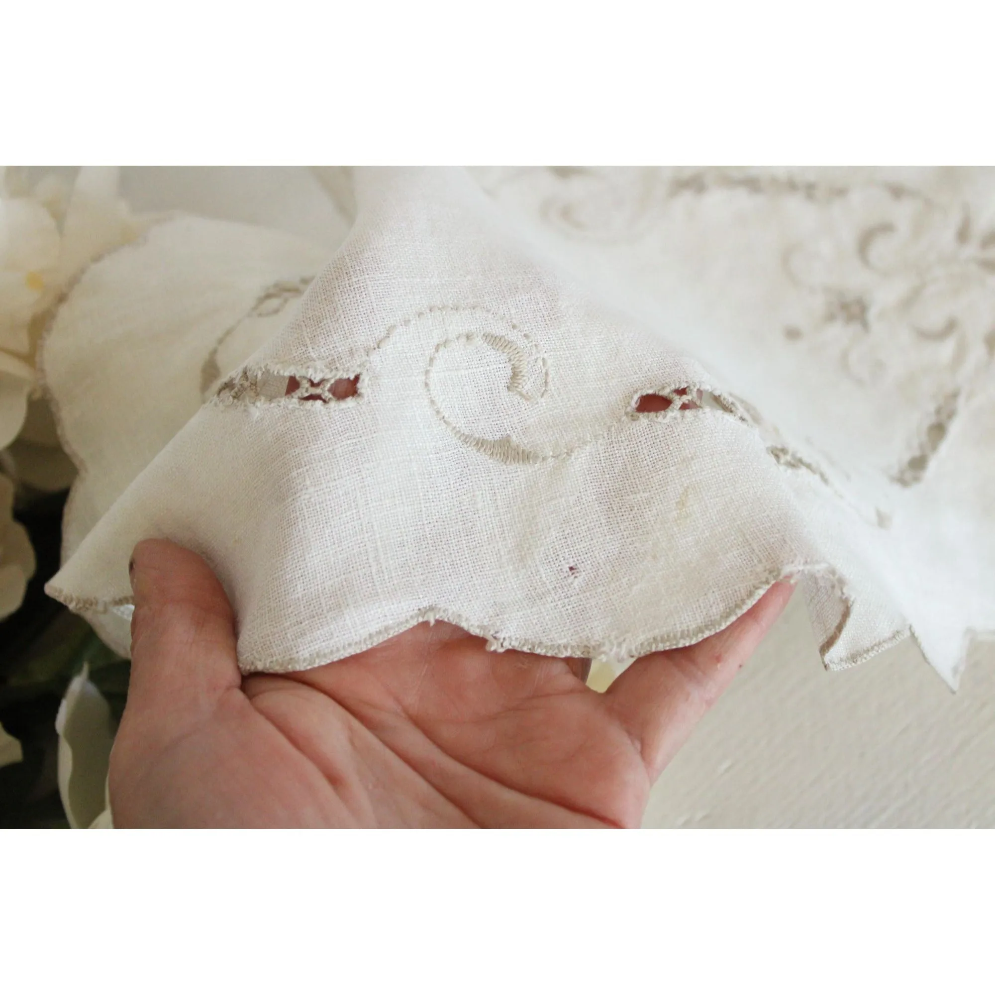 Vintage 1940s Off White Linen Doily With Brown Embroidery