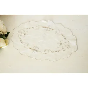 Vintage 1940s Off White Linen Doily With Brown Embroidery