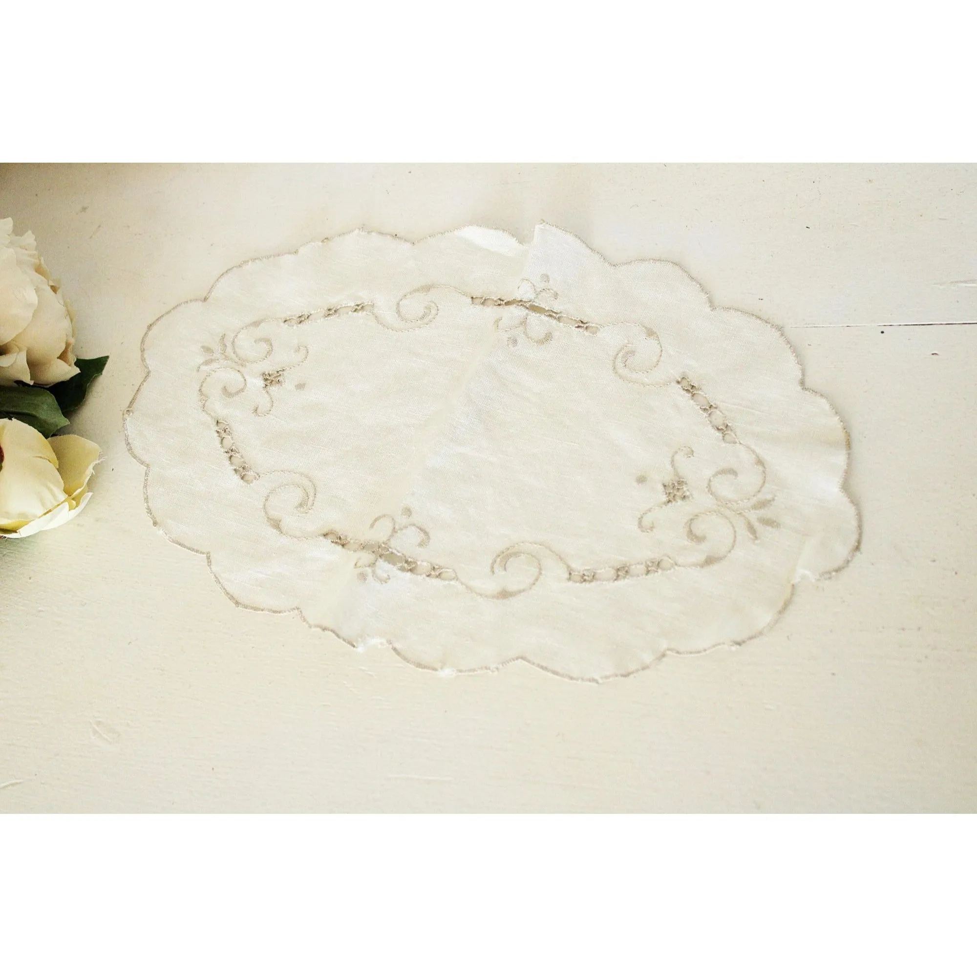 Vintage 1940s Off White Linen Doily With Brown Embroidery