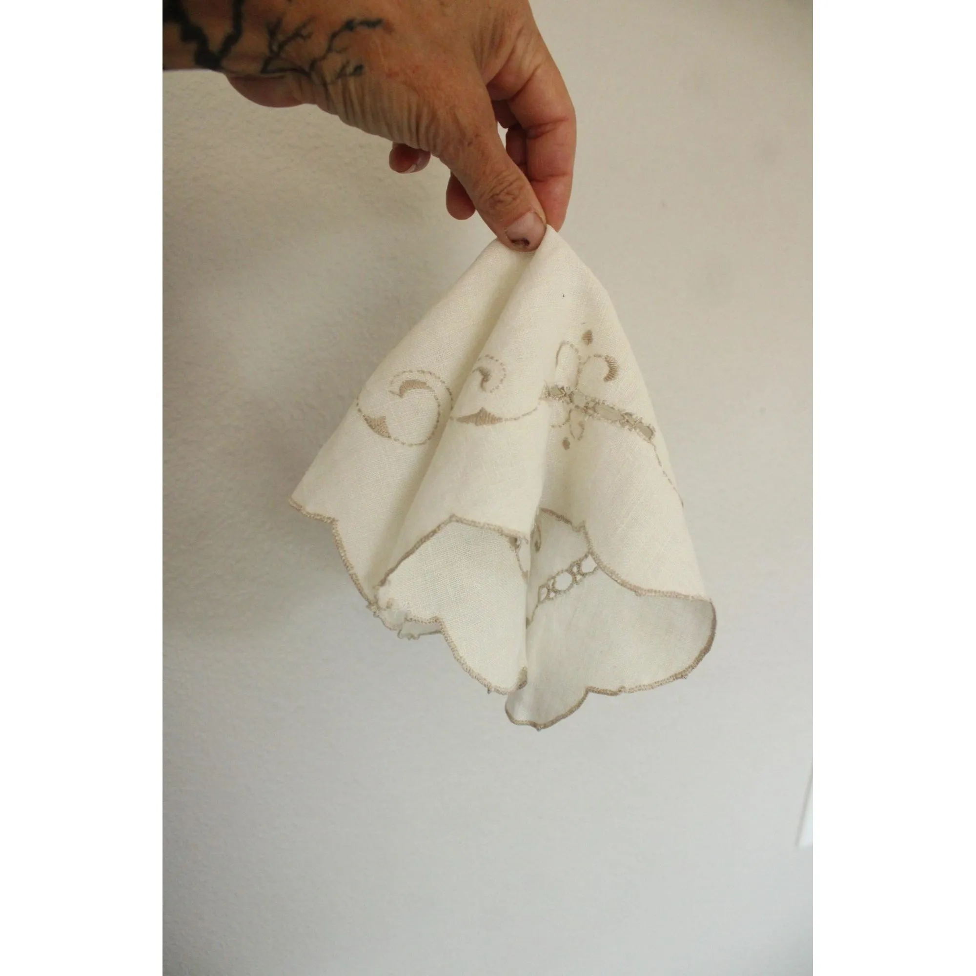 Vintage 1940s Off White Linen Doily With Brown Embroidery