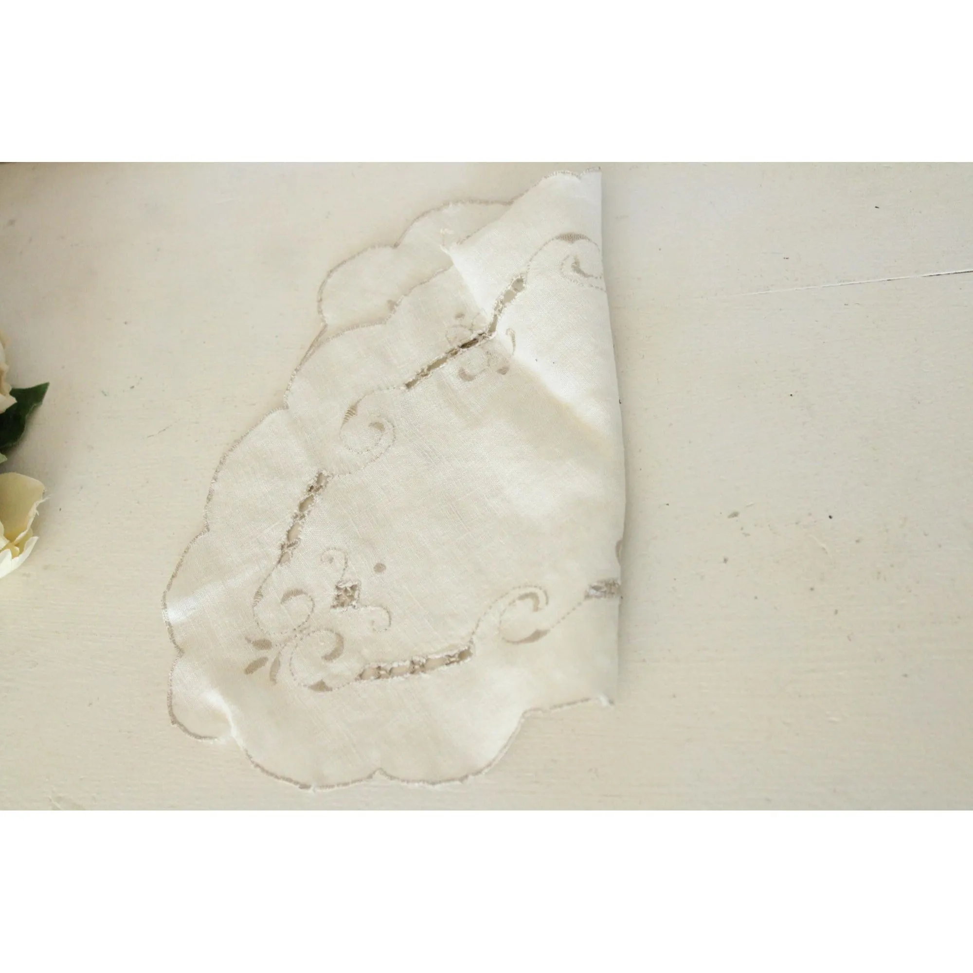 Vintage 1940s Off White Linen Doily With Brown Embroidery