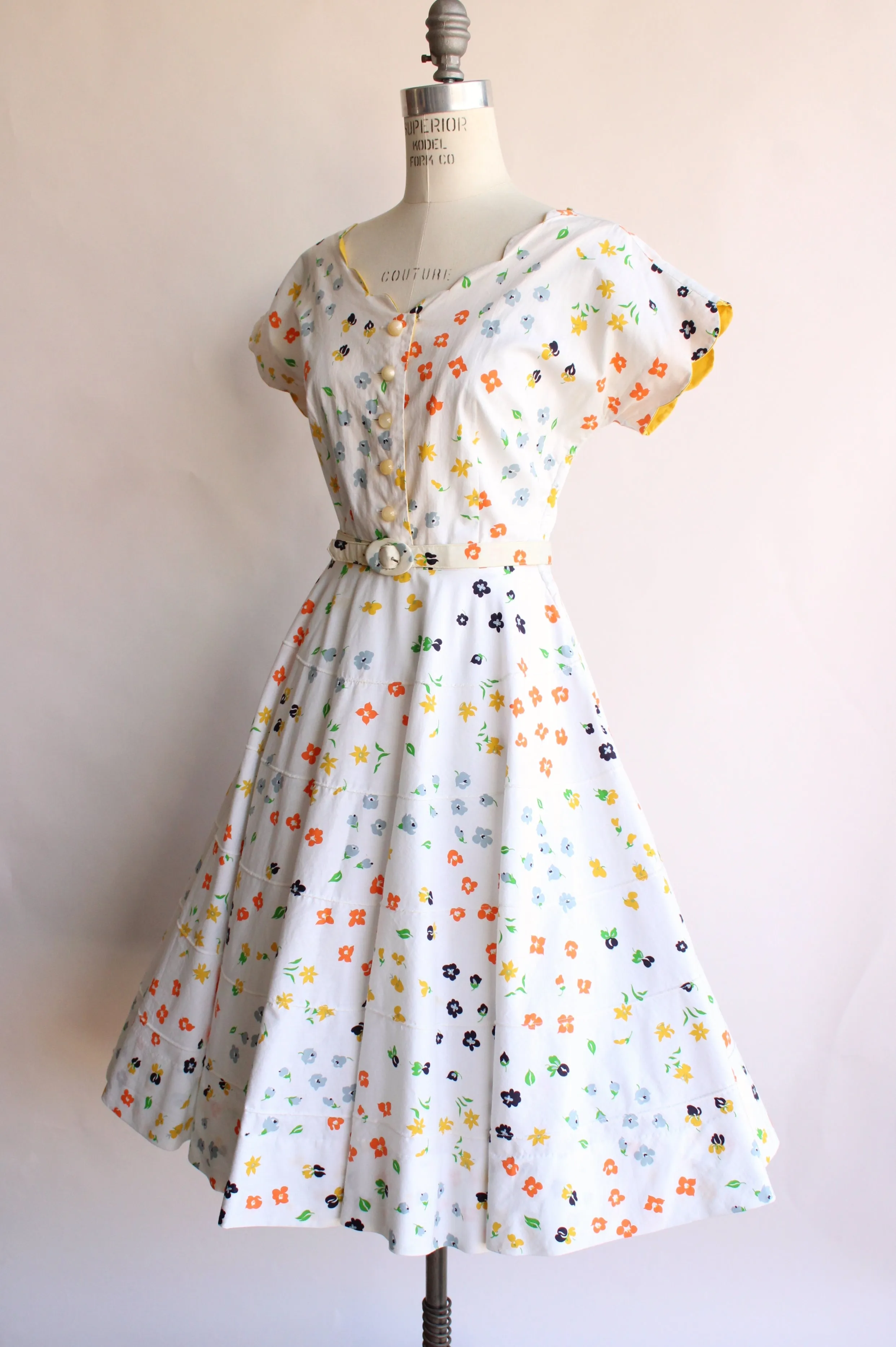 Vintage 1950s Fit and Flare Floral Dress with Belt