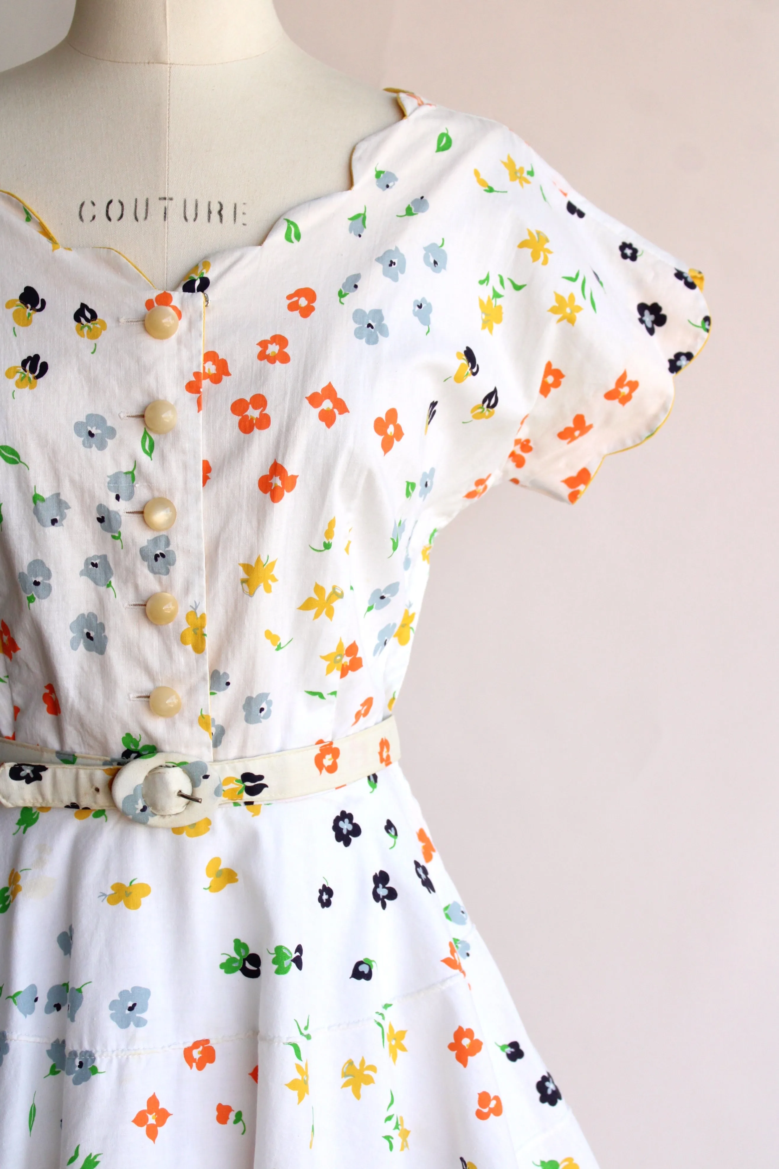 Vintage 1950s Fit and Flare Floral Dress with Belt