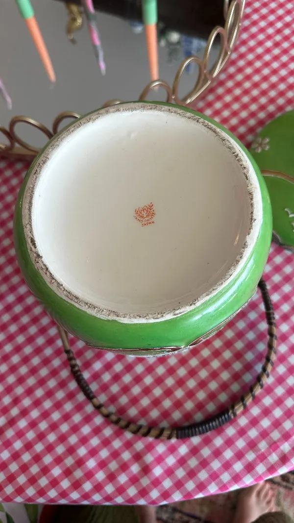 Vintage Biscuit Jar, Hand Painted, Wicker Handle, Japan