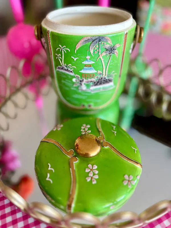 Vintage Biscuit Jar, Hand Painted, Wicker Handle, Japan