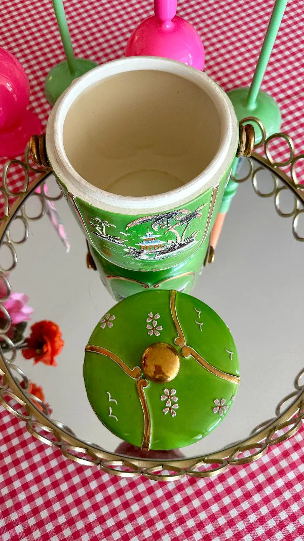 Vintage Biscuit Jar, Hand Painted, Wicker Handle, Japan