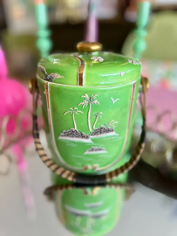 Vintage Biscuit Jar, Hand Painted, Wicker Handle, Japan