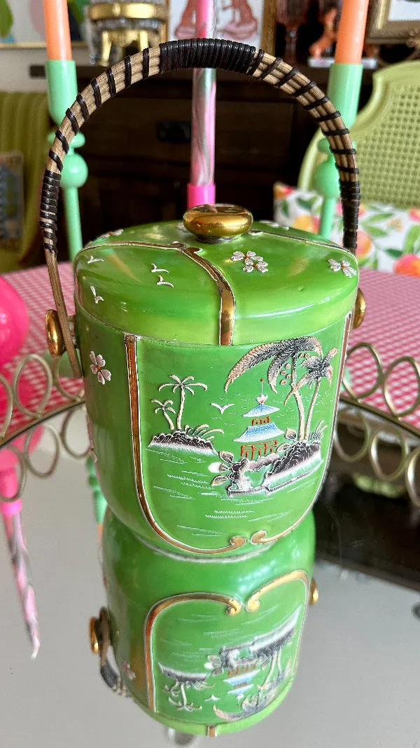 Vintage Biscuit Jar, Hand Painted, Wicker Handle, Japan