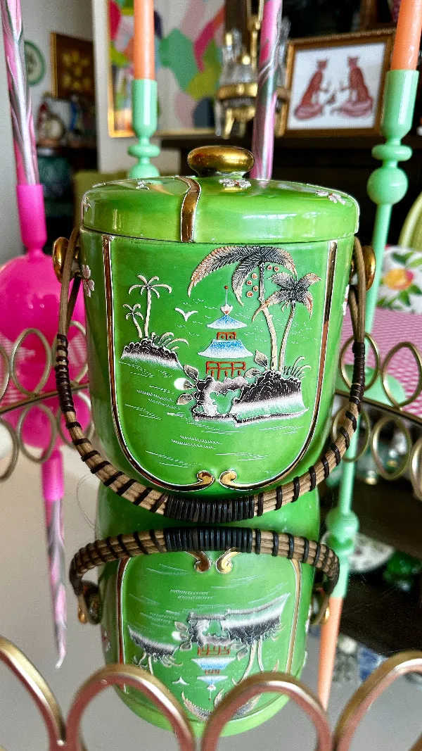 Vintage Biscuit Jar, Hand Painted, Wicker Handle, Japan