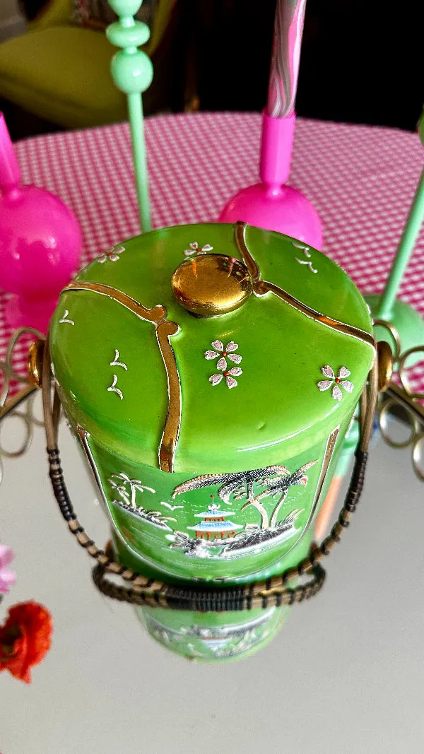 Vintage Biscuit Jar, Hand Painted, Wicker Handle, Japan