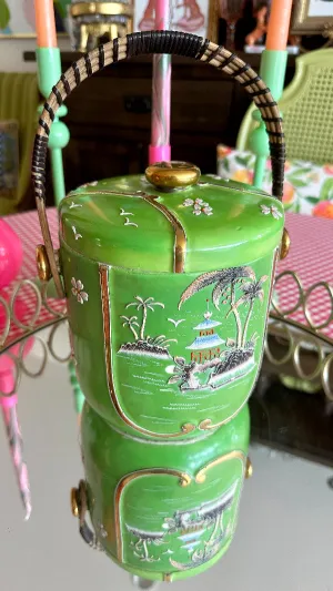 Vintage Biscuit Jar, Hand Painted, Wicker Handle, Japan