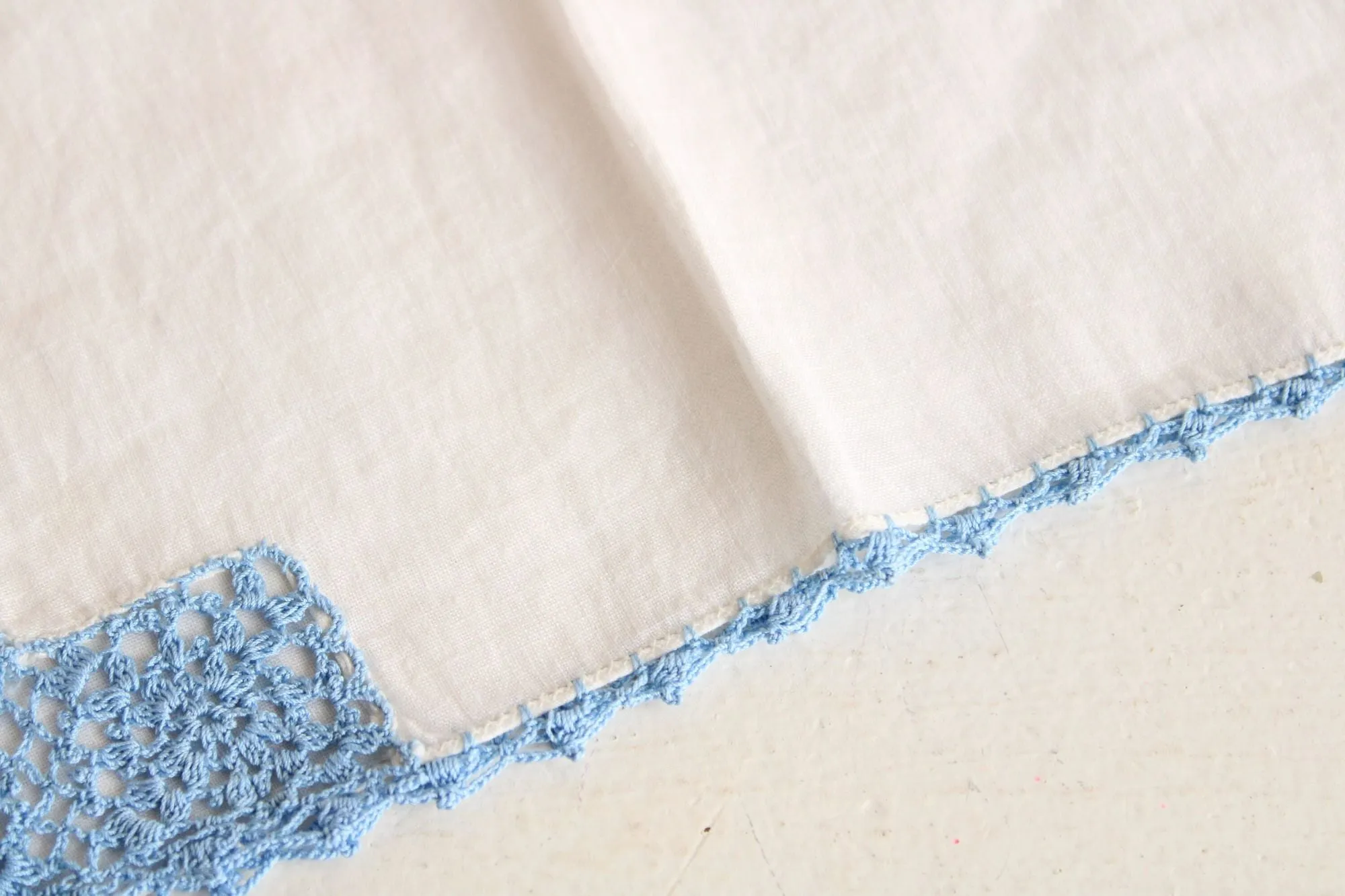 Vintage Blue Crochet Lace Trim on White Linen Hanky