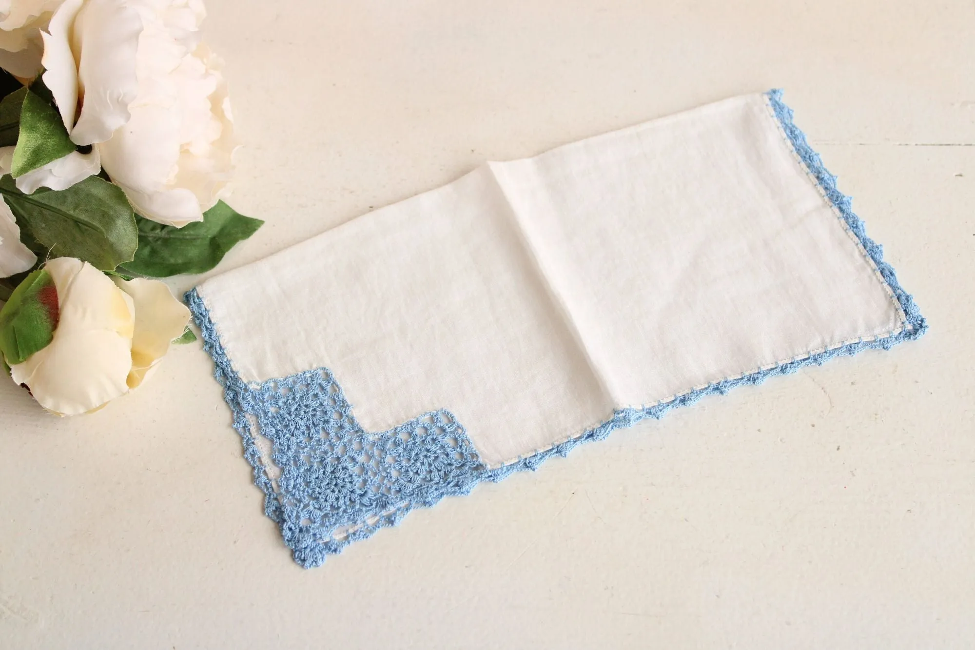 Vintage Blue Crochet Lace Trim on White Linen Hanky
