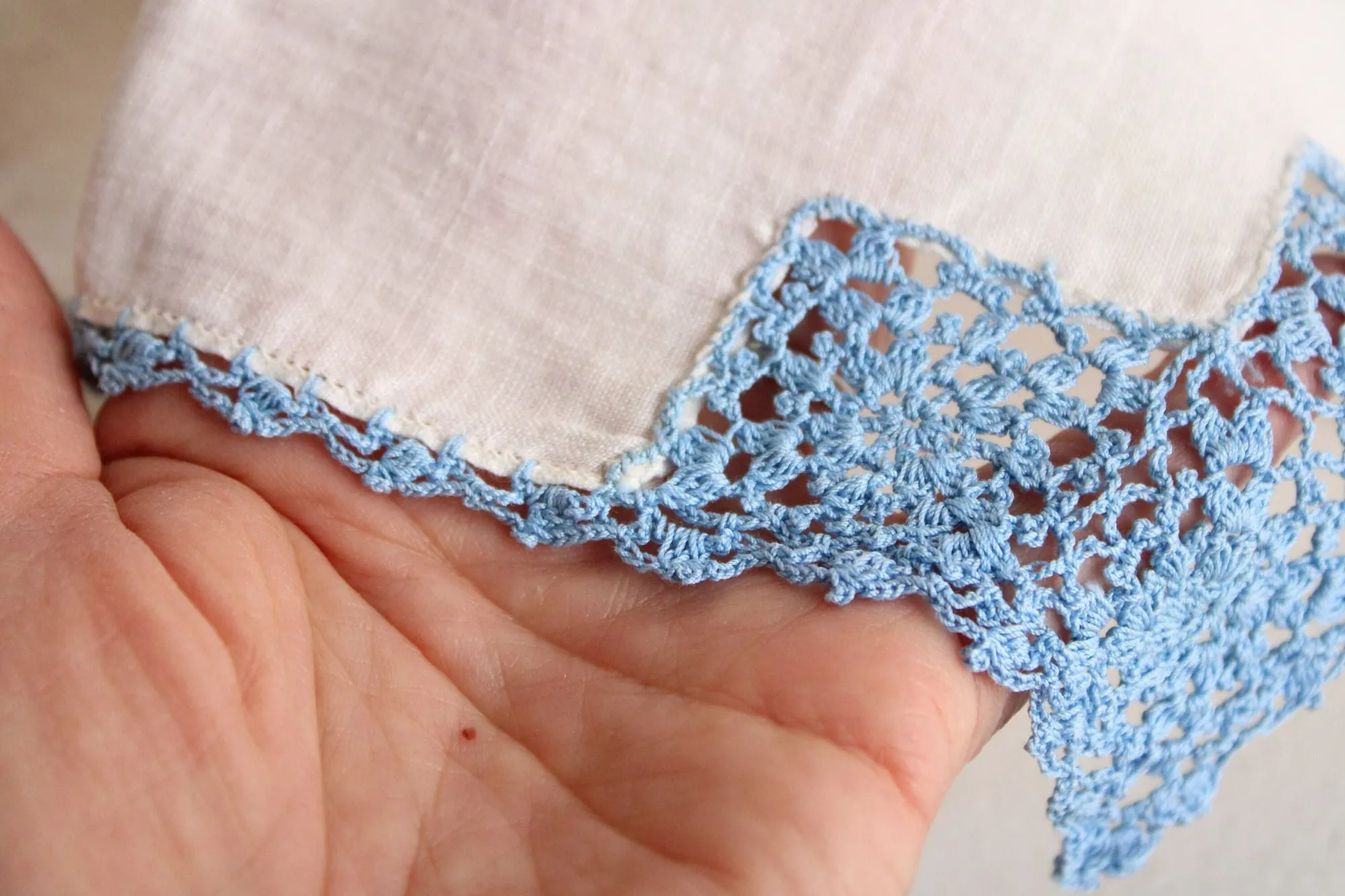 Vintage Blue Crochet Lace Trim on White Linen Hanky