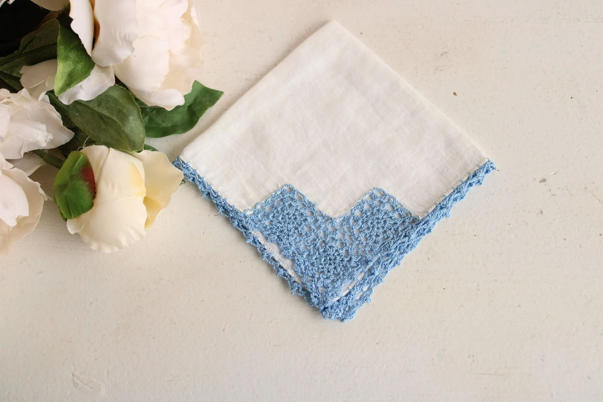 Vintage Blue Crochet Lace Trim on White Linen Hanky